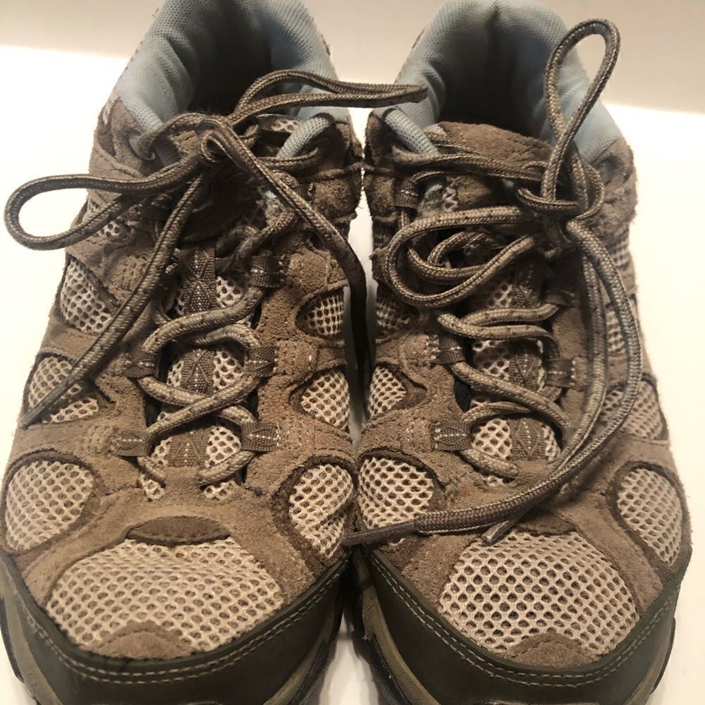 Merrell air cushion sneakers. Gray mesh and suede. Not sure of size.
